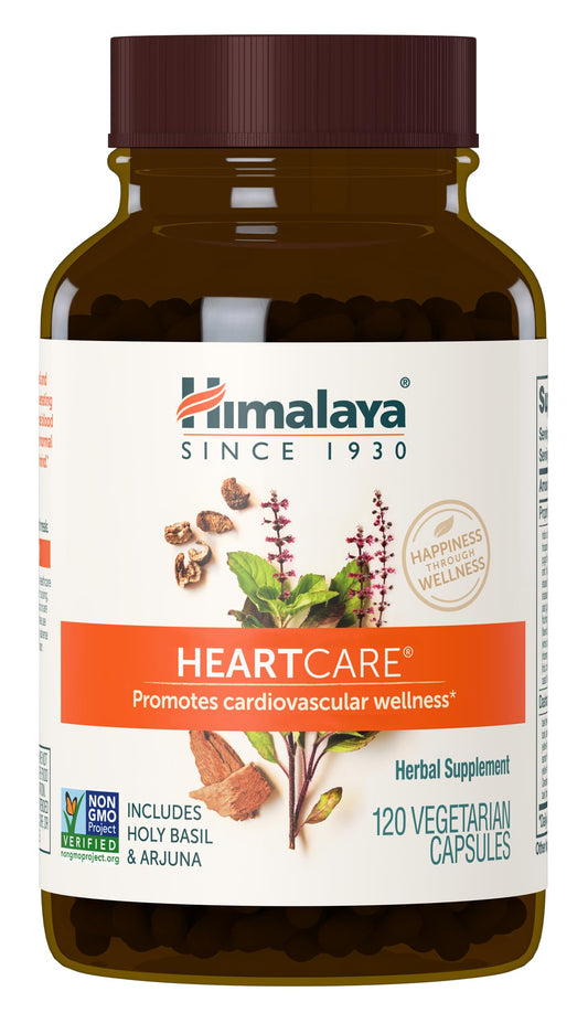 Himalaya HeartCare bottle front promoting daily heart wellness with Ayurvedic herbs.