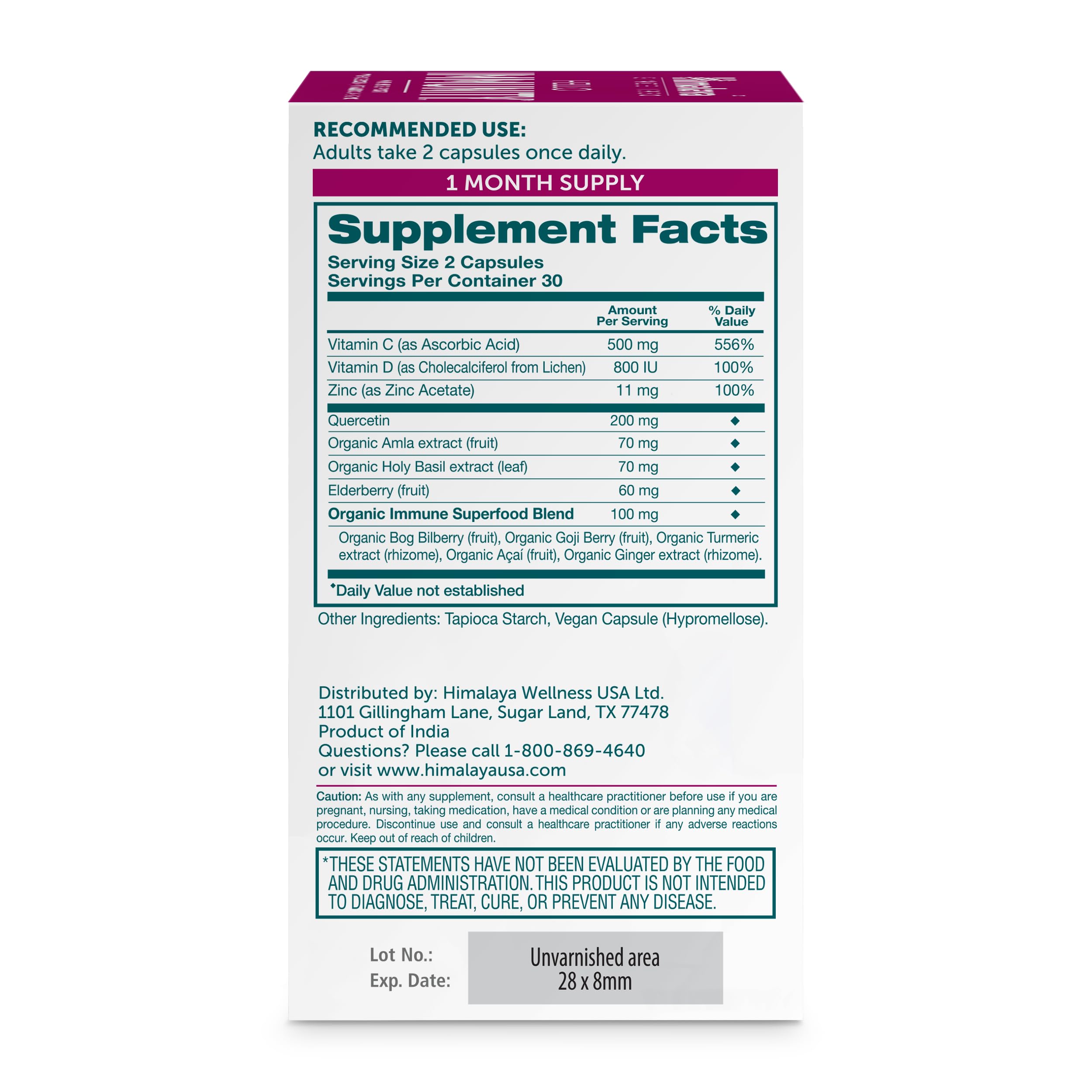 Himalaya Hello Immunity bottle side view highlighting vegan, non-GMO formulation