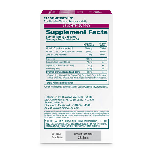 Himalaya Hello Immunity bottle side view highlighting vegan, non-GMO formulation