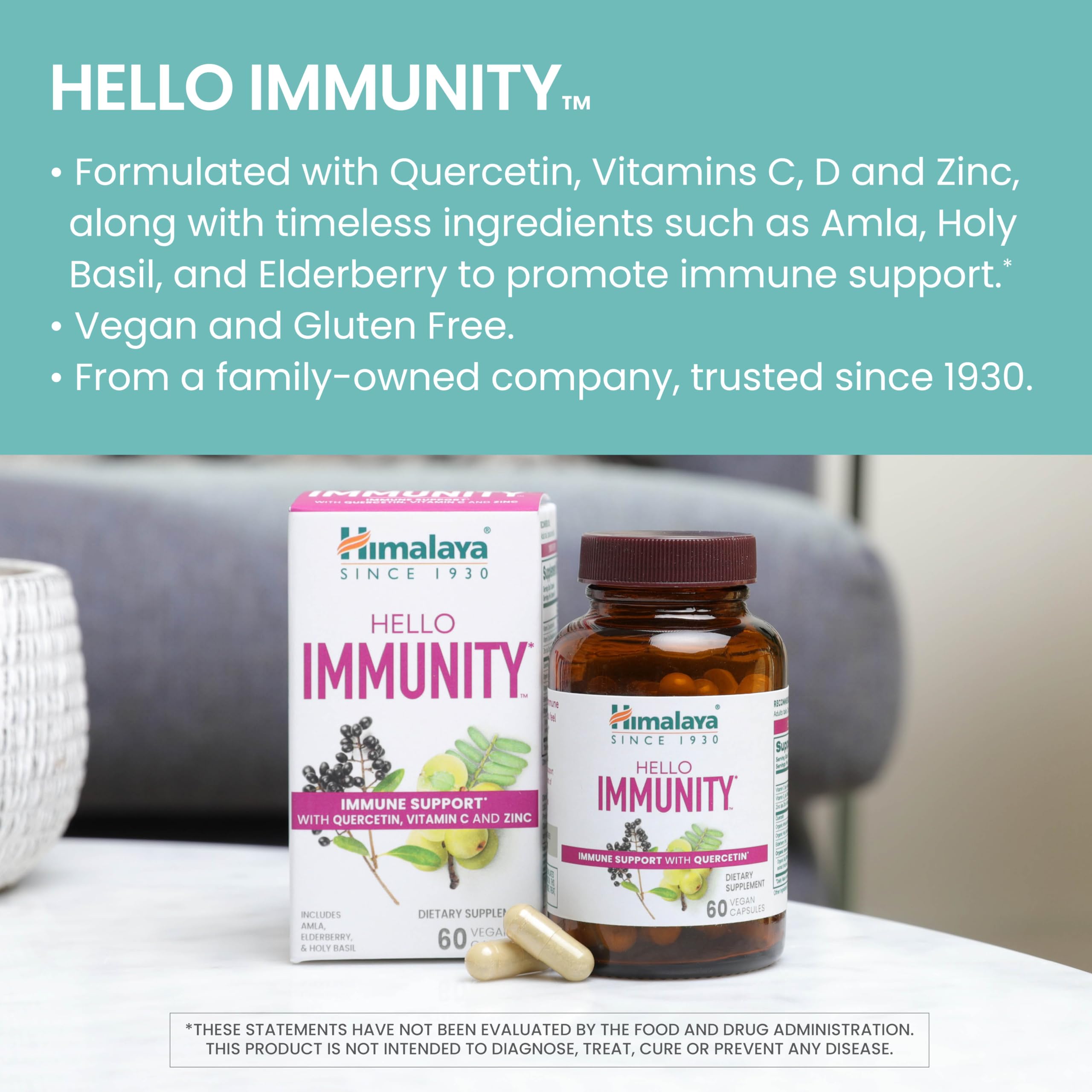 Himalaya Hello Immunity caplets close-up with 500 mg quercetin clarity