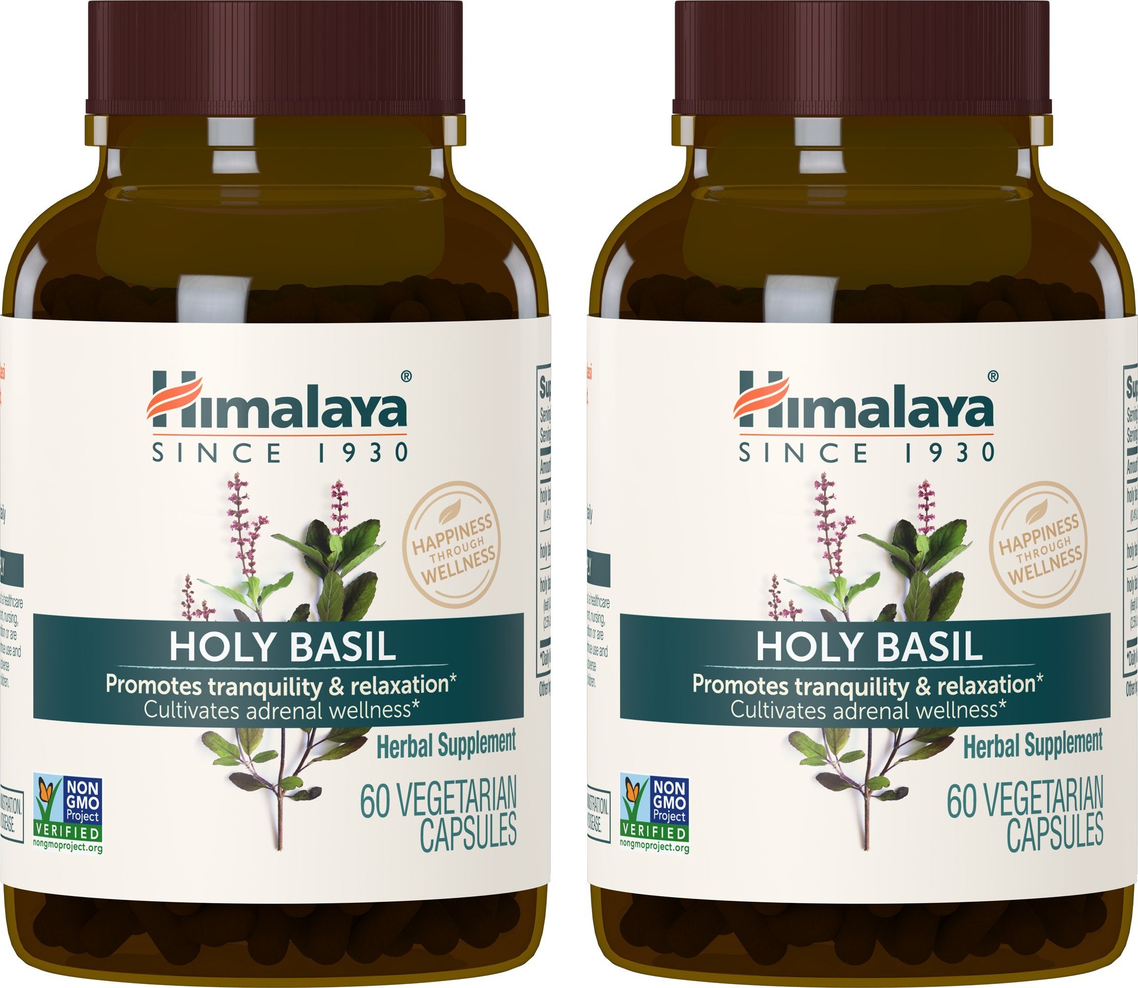 Himalaya Holy Basil bottle front with 720 mg capsules for daily stress support.