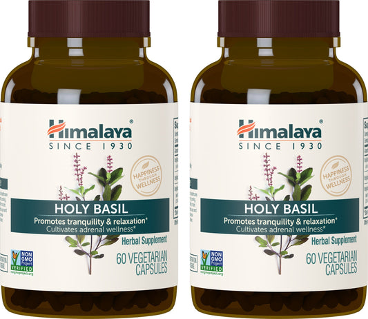 Himalaya Holy Basil bottle front with 720 mg capsules for daily stress support.