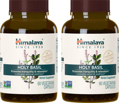 Himalaya Holy Basil bottle front with 720 mg capsules for daily stress support.