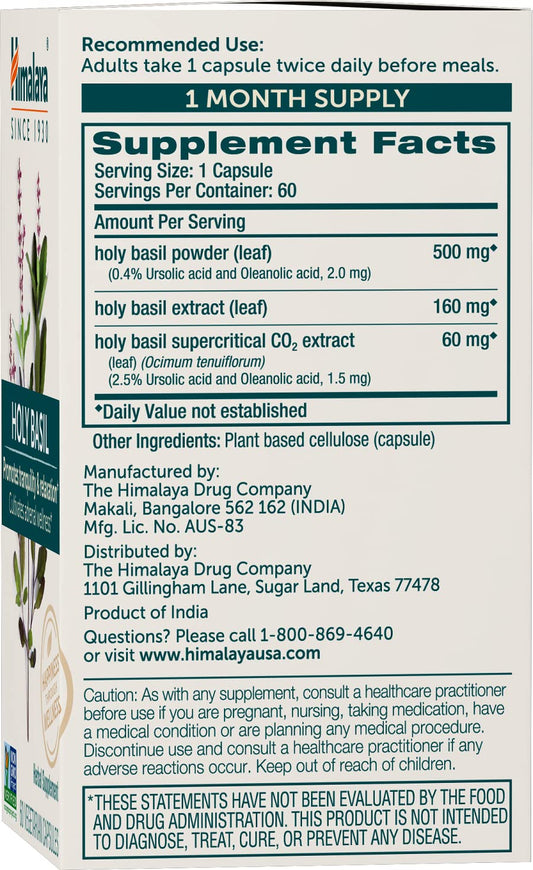 Himalaya Holy Basil capsules closeup highlighting easy daily use.