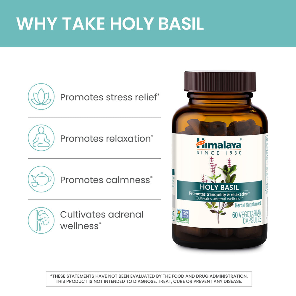 Himalaya Holy Basil daily-use scene shown with a glass of water.