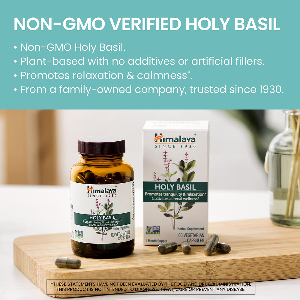Himalaya Holy Basil ingredients label emphasizing Ayurvedic formulation.