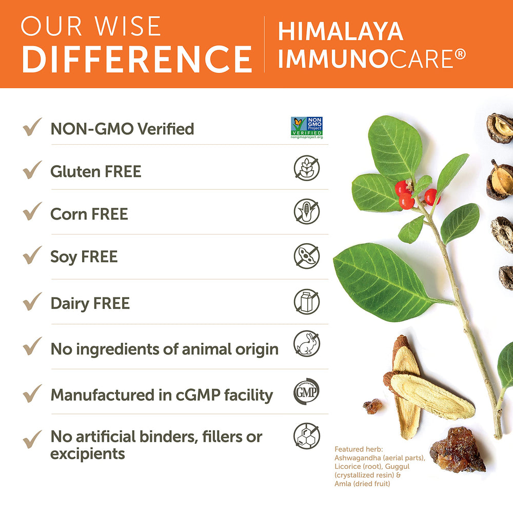 Himalaya ImmunoCare packaging highlights vegan, non-GMO, gluten-free attributes.