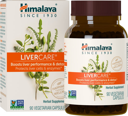 Himalaya LiverCare bottle being poured for daily detox support.