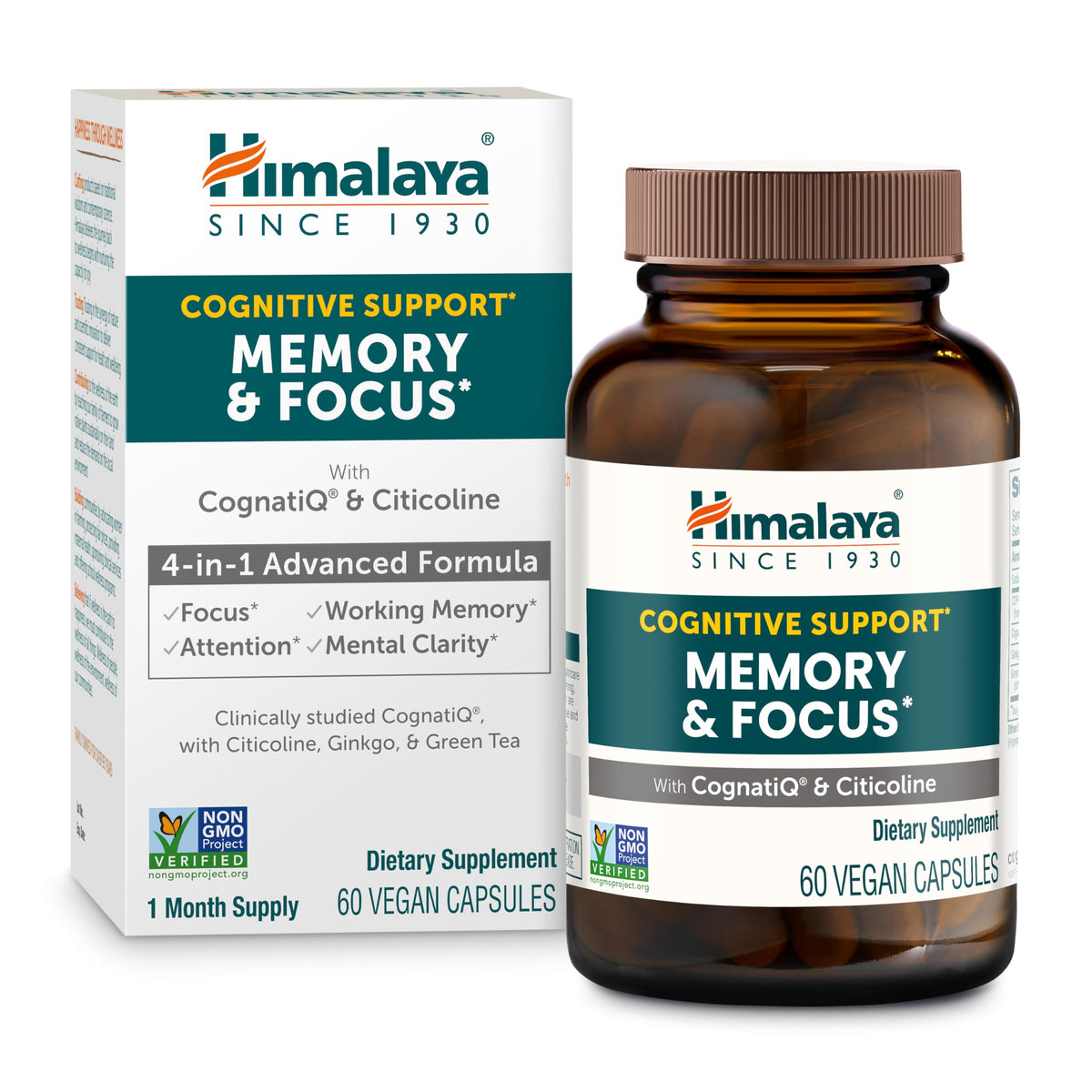 Himalaya Memory & Focus bottle front view with capsules for daily cognitive support