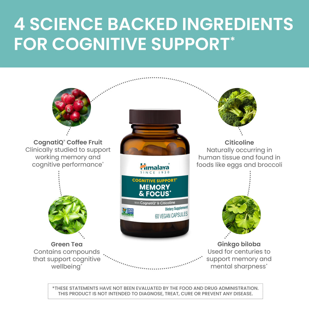 Vegan, non-GMO packaging of Himalaya Memory & Focus shown
