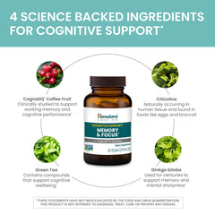 Vegan, non-GMO packaging of Himalaya Memory & Focus shown
