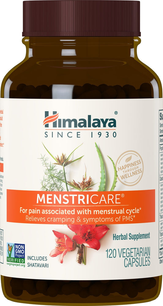 Himalaya Menstricare bottle with label highlighting herbal cycle support.