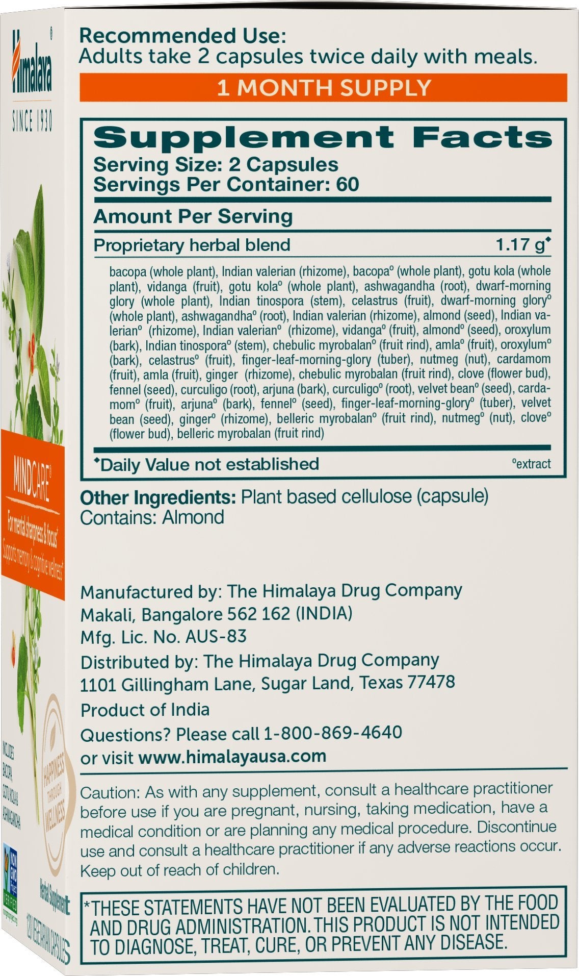 Himalaya MindCare bottle label highlighting herbal ingredients