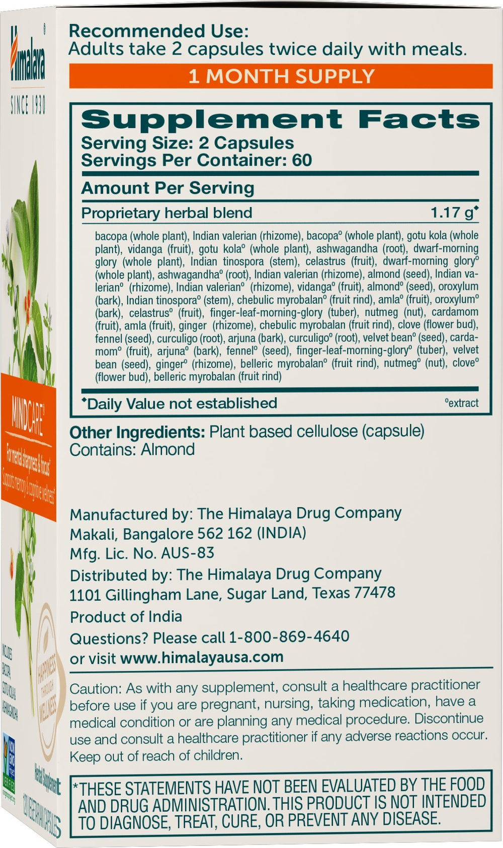 Himalaya MindCare bottle label highlighting herbal ingredients