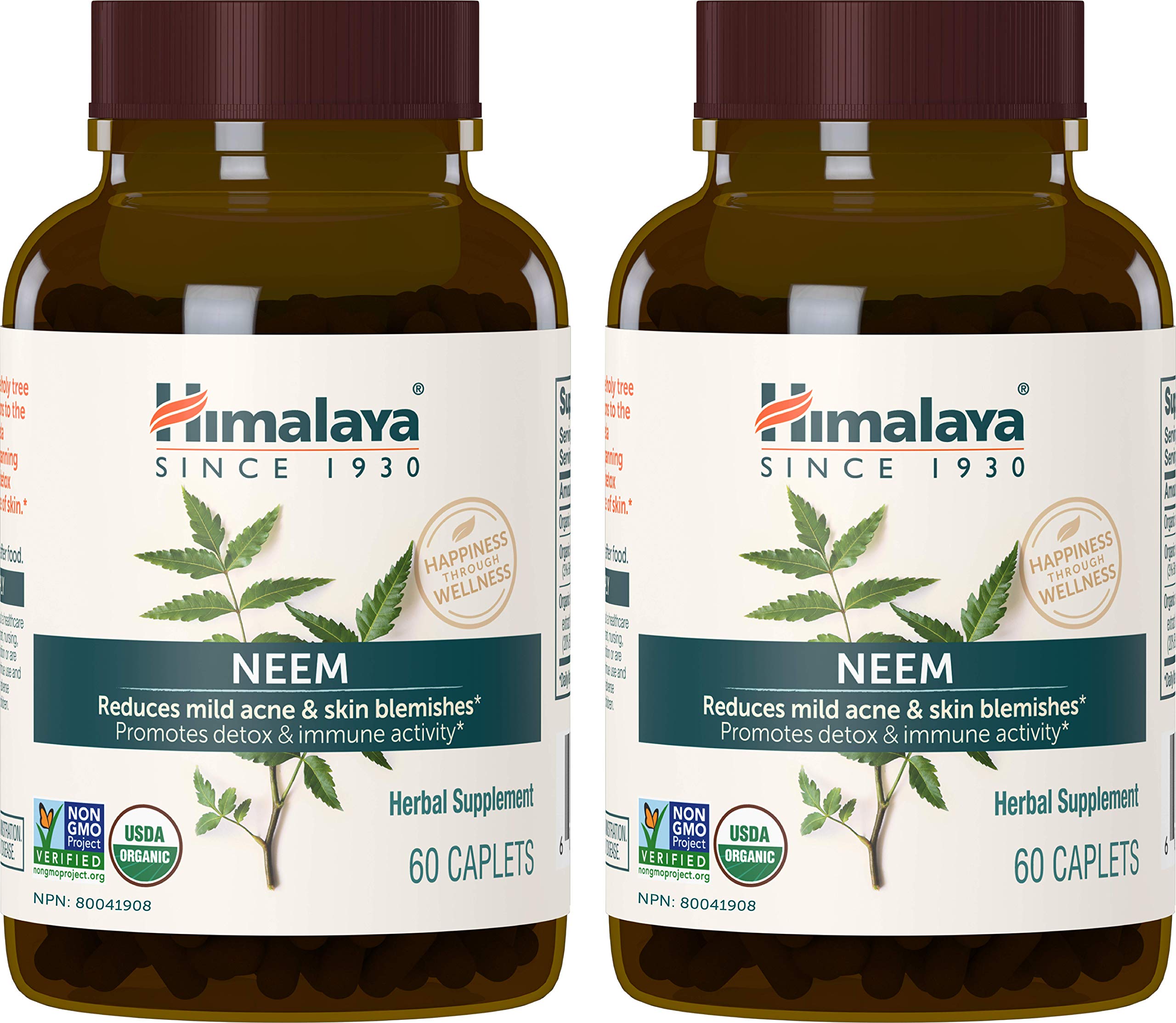 Himalaya Neem organic caplets in bottle for clear skin support.