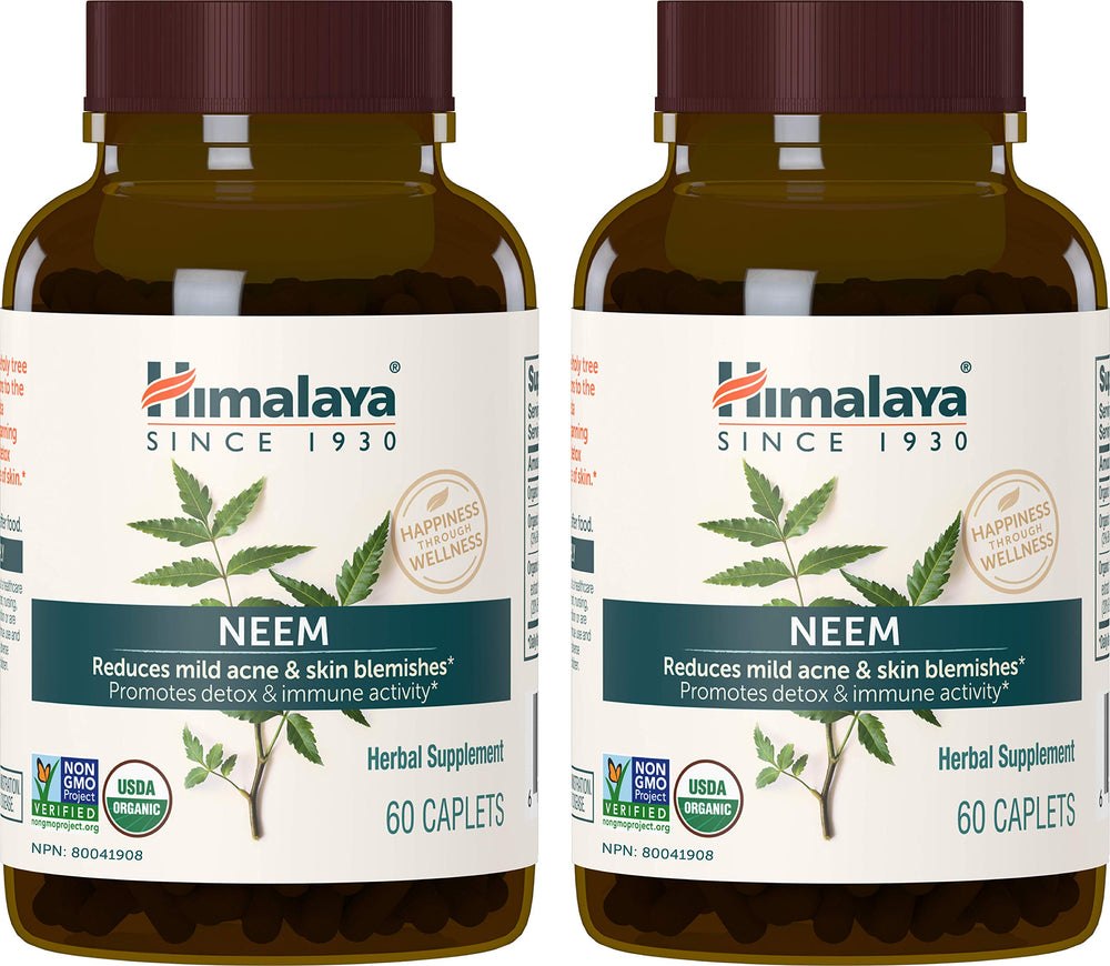 Himalaya Neem organic caplets in bottle for clear skin support.