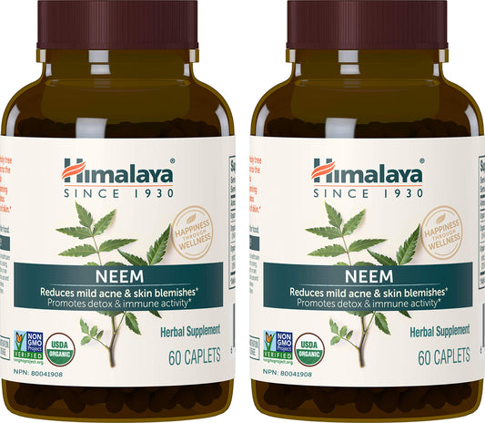 Himalaya Neem organic caplets in bottle for clear skin support.
