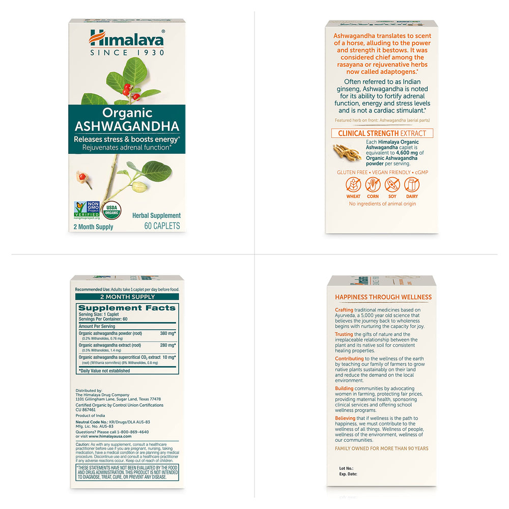 Himalaya Organic Ashwagandha box showing 60 caplets in a two-pack