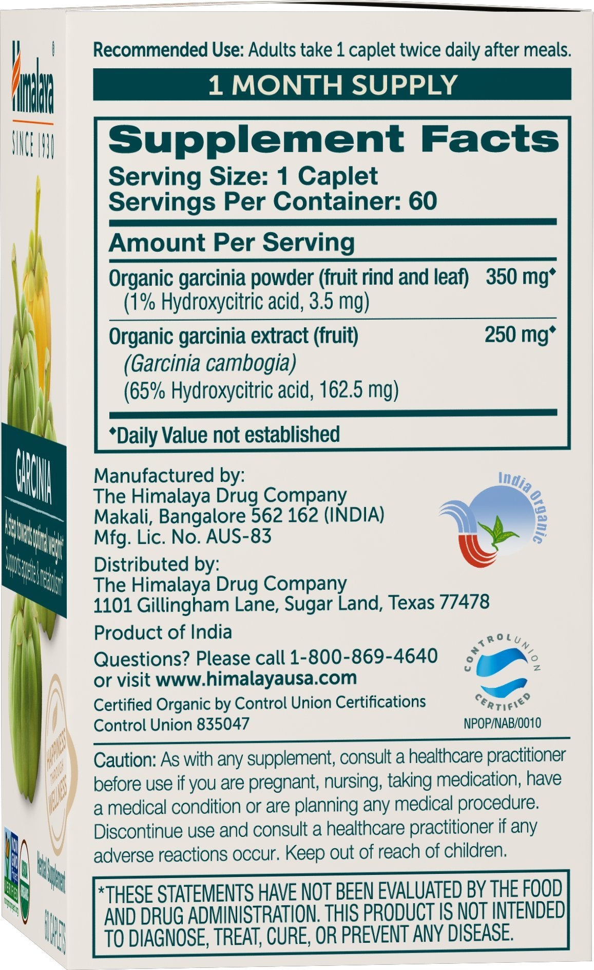 Himalaya Garcinia Cambogia bottle back view detailing ingredients and dosage