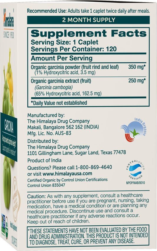 Closeup of Himalaya Garcinia Cambogia label highlighting organic and non-GMO status