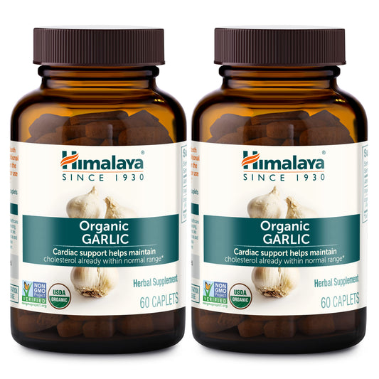 Himalaya Organic Garlic caplets bottle front for daily lipid metabolism and immune support
