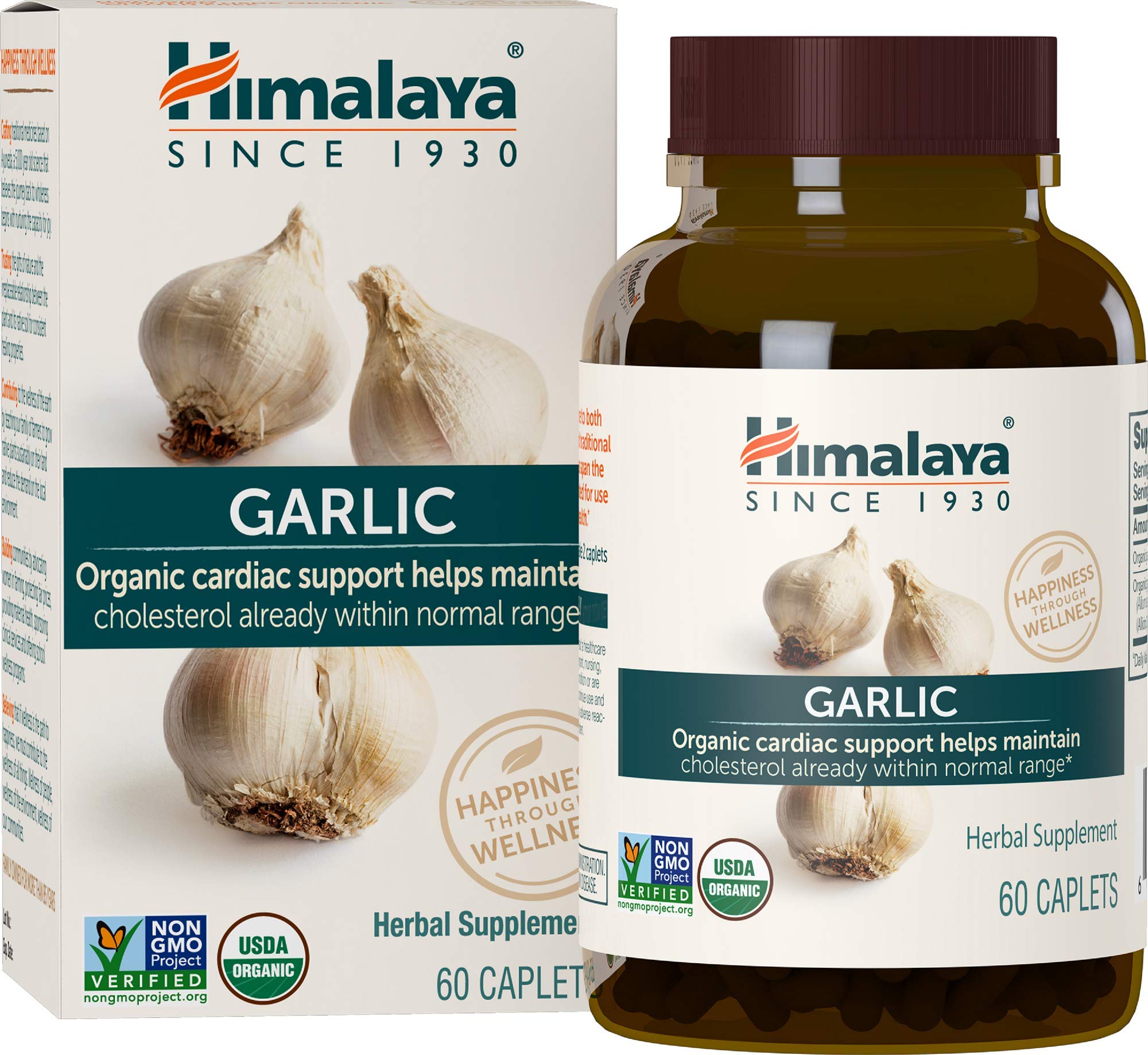 Himalaya Organic Garlic caplets label closeup showing organic, non-GMO ingredients