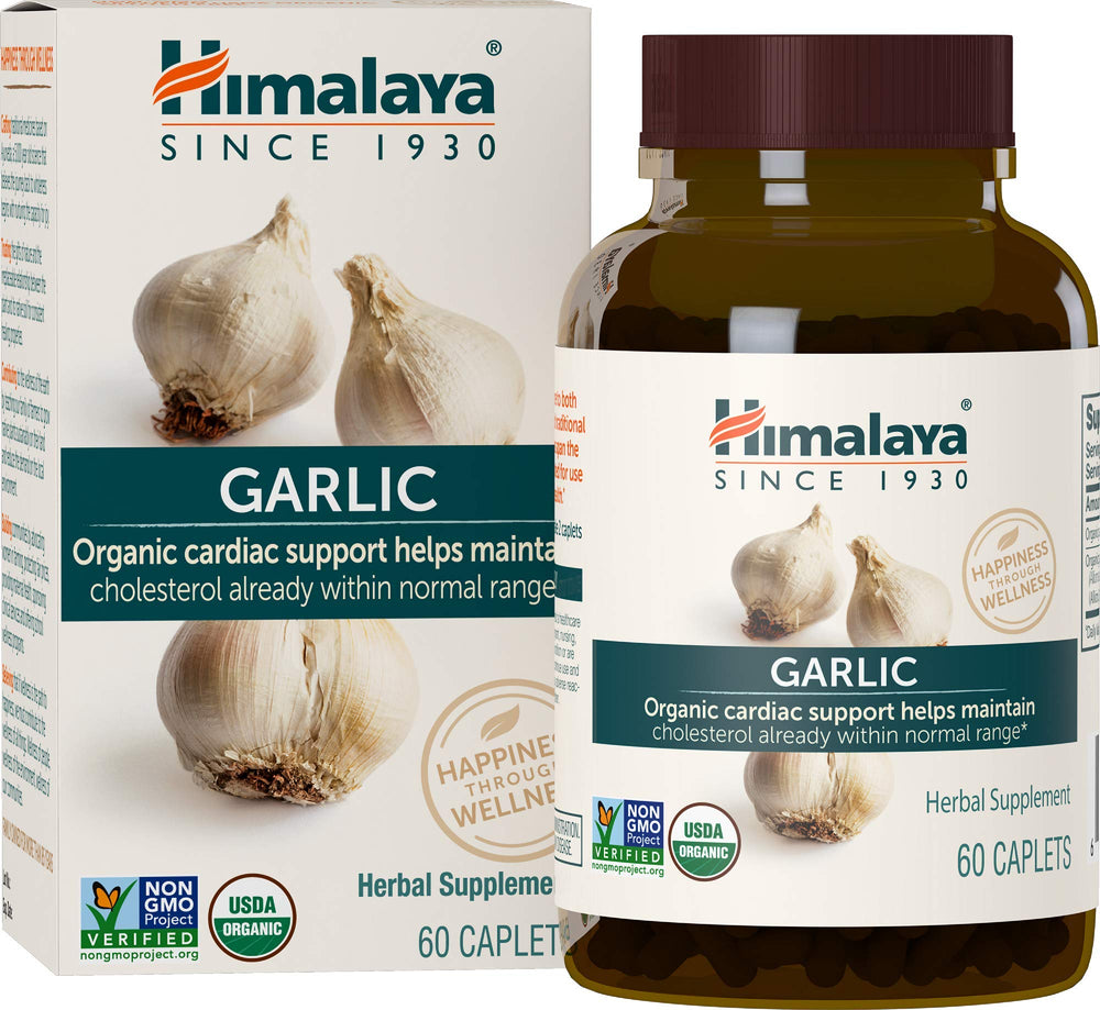 Himalaya Organic Garlic caplets label closeup showing organic, non-GMO ingredients