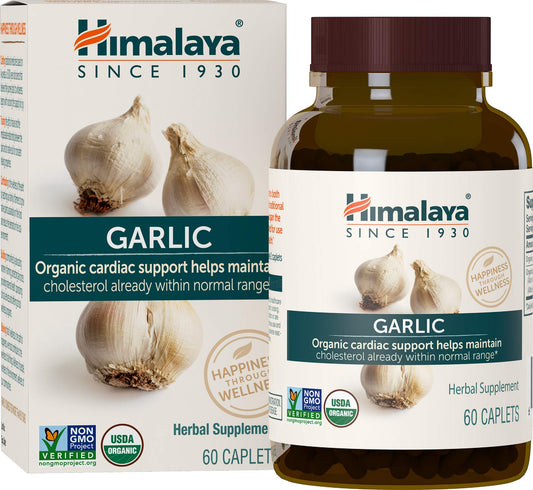 Himalaya Organic Garlic caplets label closeup showing organic, non-GMO ingredients