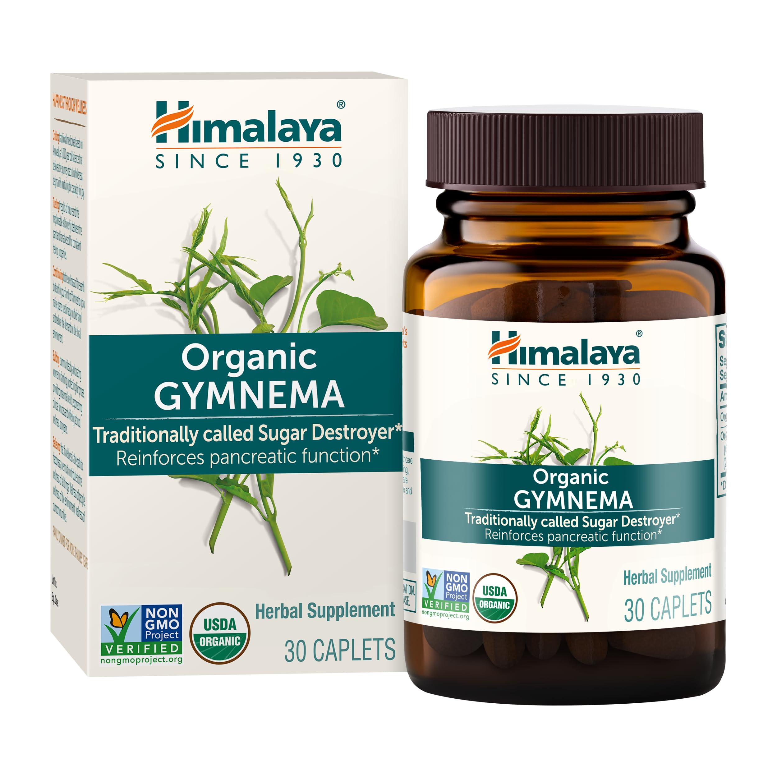 Close-up of Himalaya Gymnema Sylvestre caplets showing a 700 mg dose for daily use.
