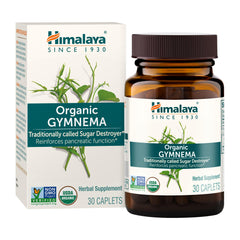 Close-up of Himalaya Gymnema Sylvestre caplets showing a 700 mg dose for daily use.