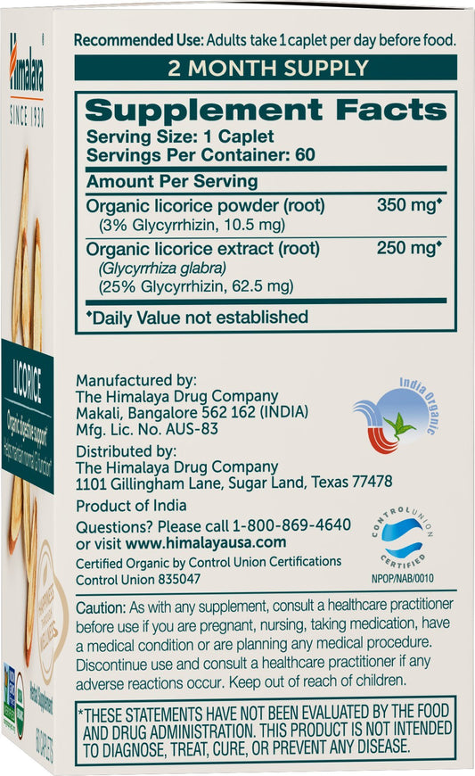 Himalaya Organic Licorice bottle back detailing ingredients and directions