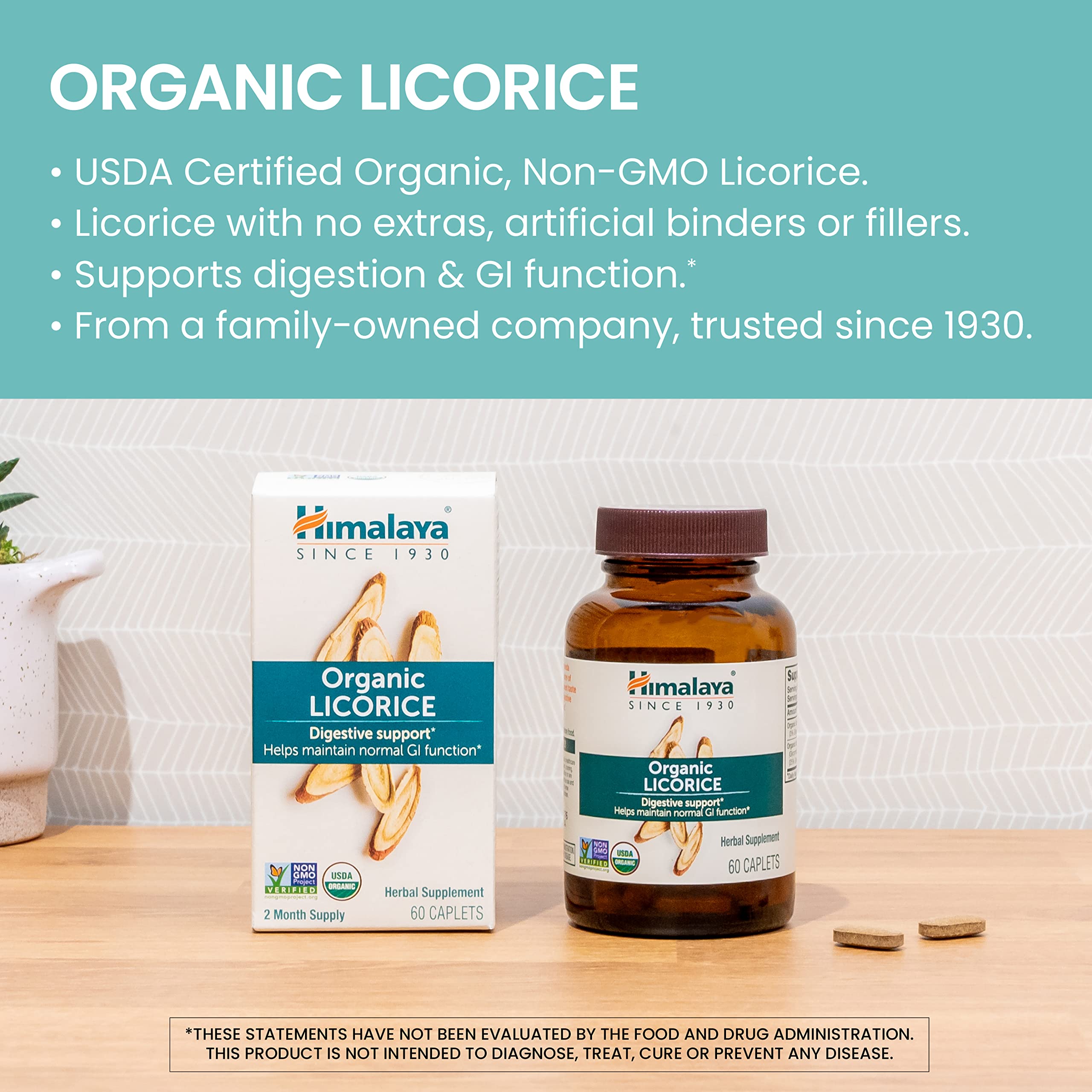 Himalaya Organic Licorice caplets closeup highlighting size and texture