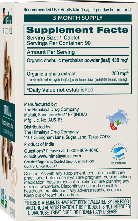 Himalaya Triphala capsules closeup highlighting easy daily digestion.