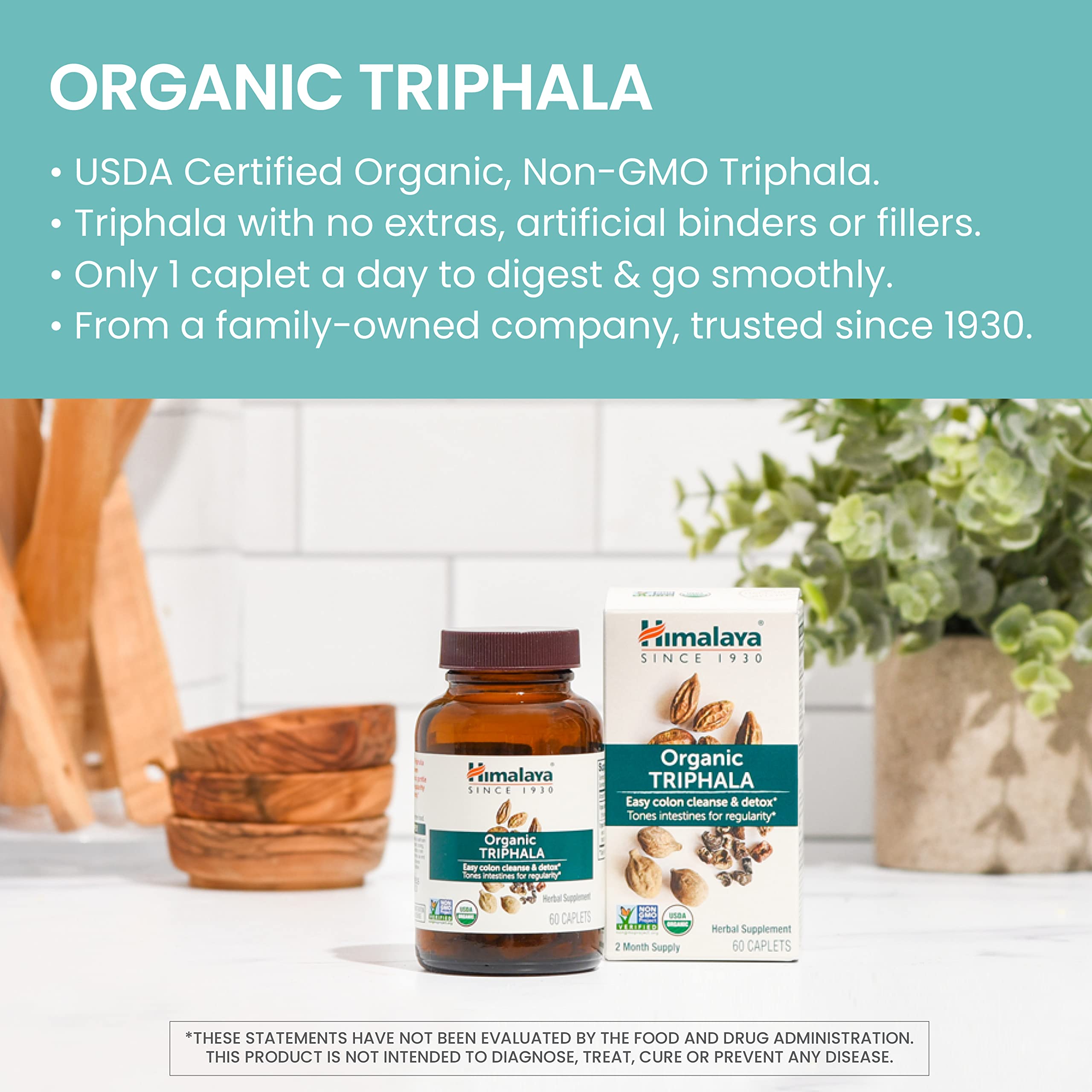 Himalaya Organic Triphala label view indicating organic and vegan features.