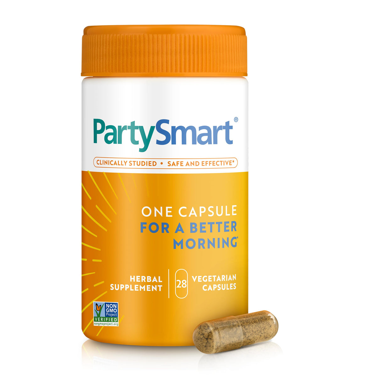 Himalaya PartySmart bottle front view, a convenient night-out supplement for after-drinking support.