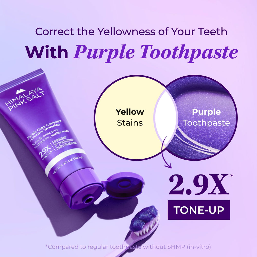 HIMALAYA PINKSALT Purple toothpaste surrounded by mineral crystals emphasizing salt-derived formula