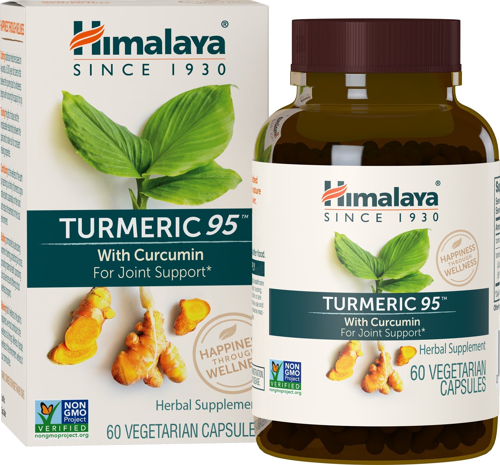 Himalaya Turmeric95 capsules closeup highlights 95% curcuminoids for mobility.