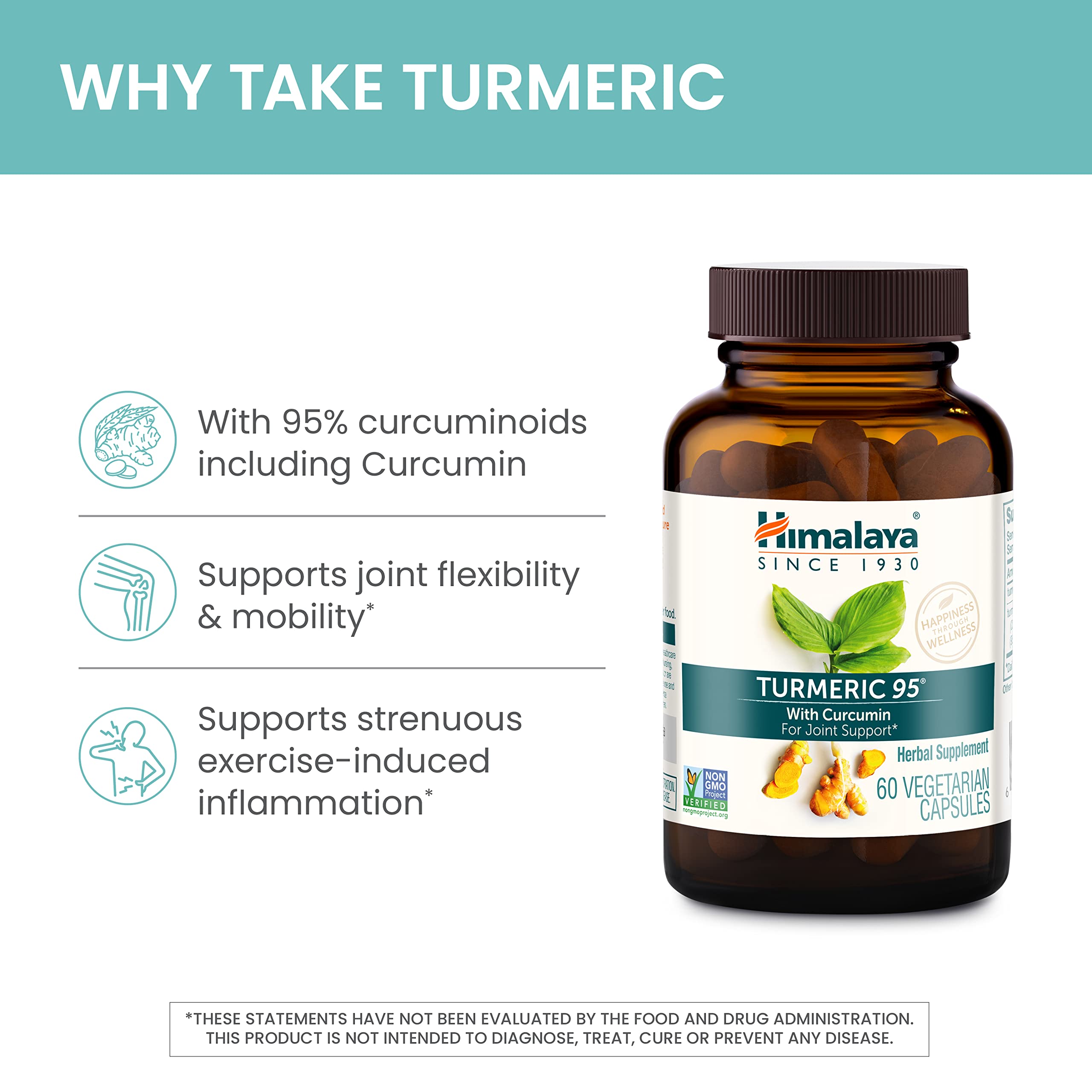 Himalaya Turmeric95 packaging with herbs hinting Ayurveda wellness.