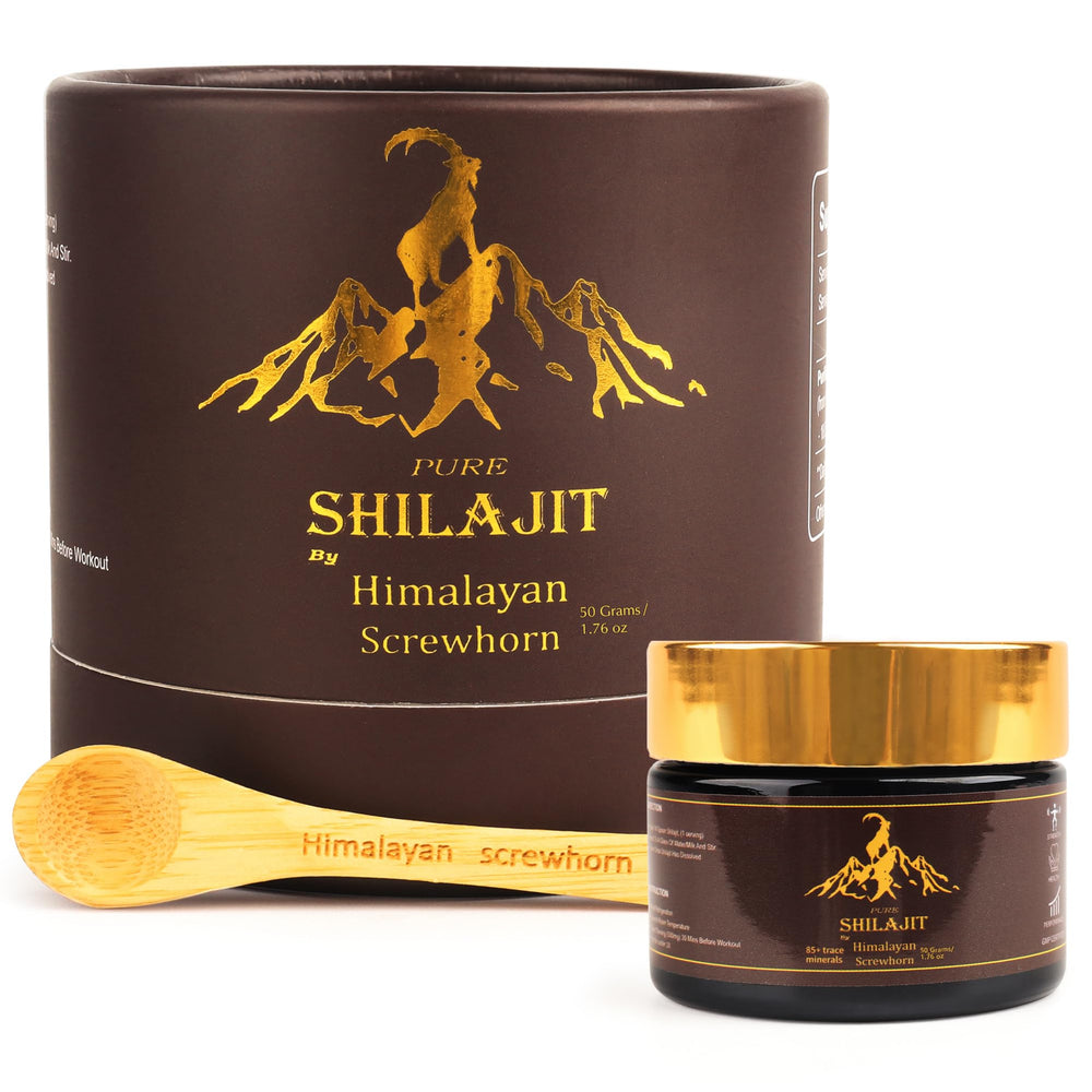 Himalayan Screwhorn Shilajit resin jar showcasing pure, potent extract for daily wellness.