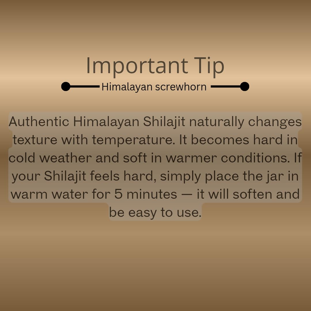 Himalayan Screwhorn Shilajit resin pour highlights easy mix into drinks for sustained energy.