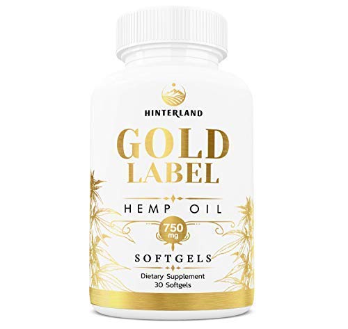 Hinterland Gold Label hemp oil softgels bottle highlights high-potency 25 mg capsules for daily wellness