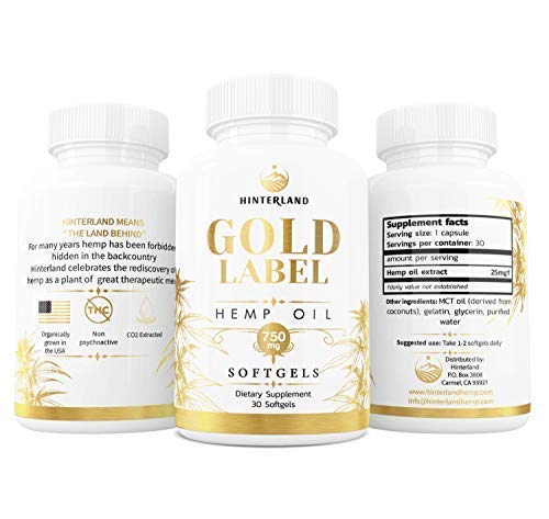 Hinterland Gold Label softgel closeup highlights 25 mg potency with pure hemp oil