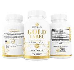 Hinterland Gold Label softgel closeup highlights 25 mg potency with pure hemp oil
