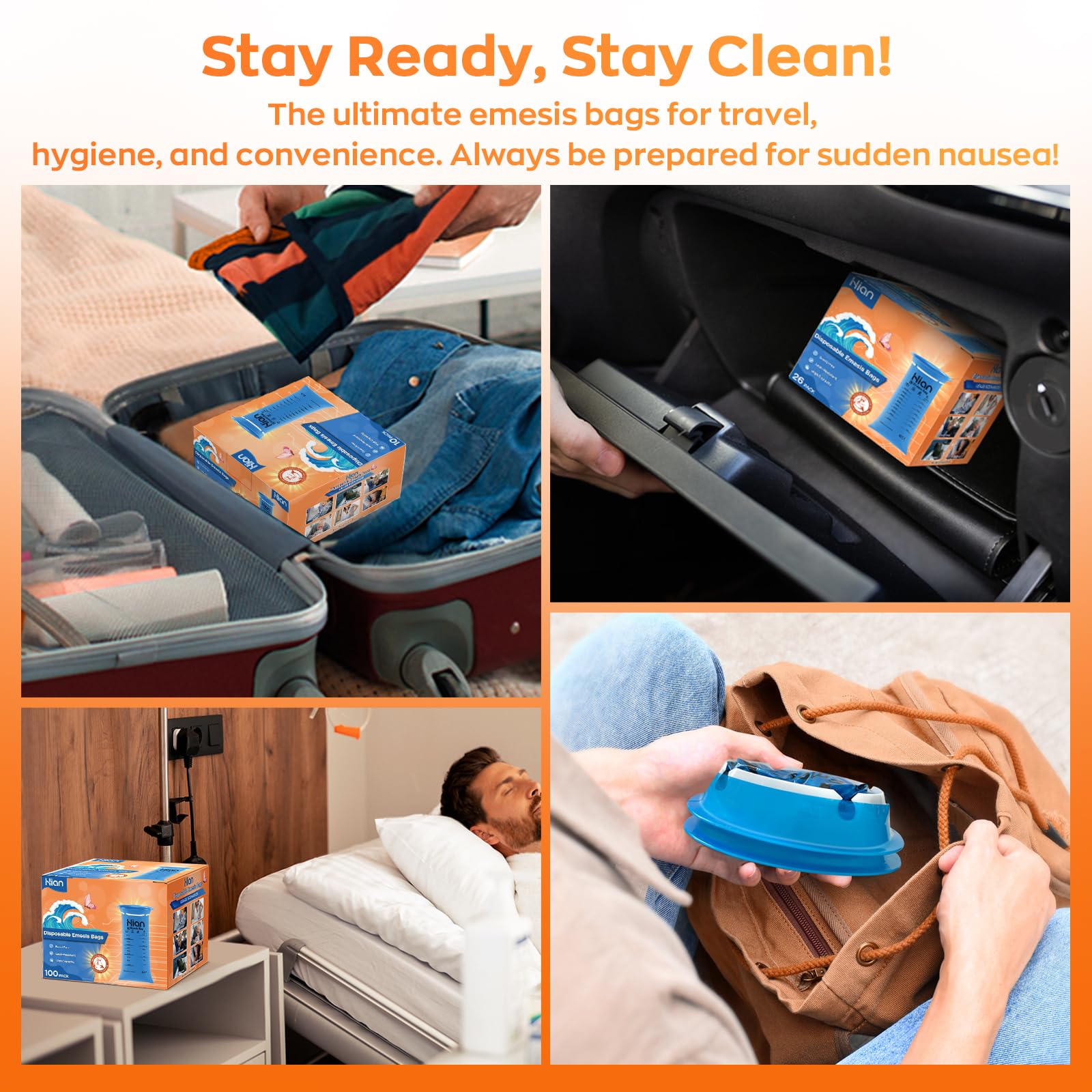 Hion emesis bags designed for cars and planes, ideal for motion sickness travel.