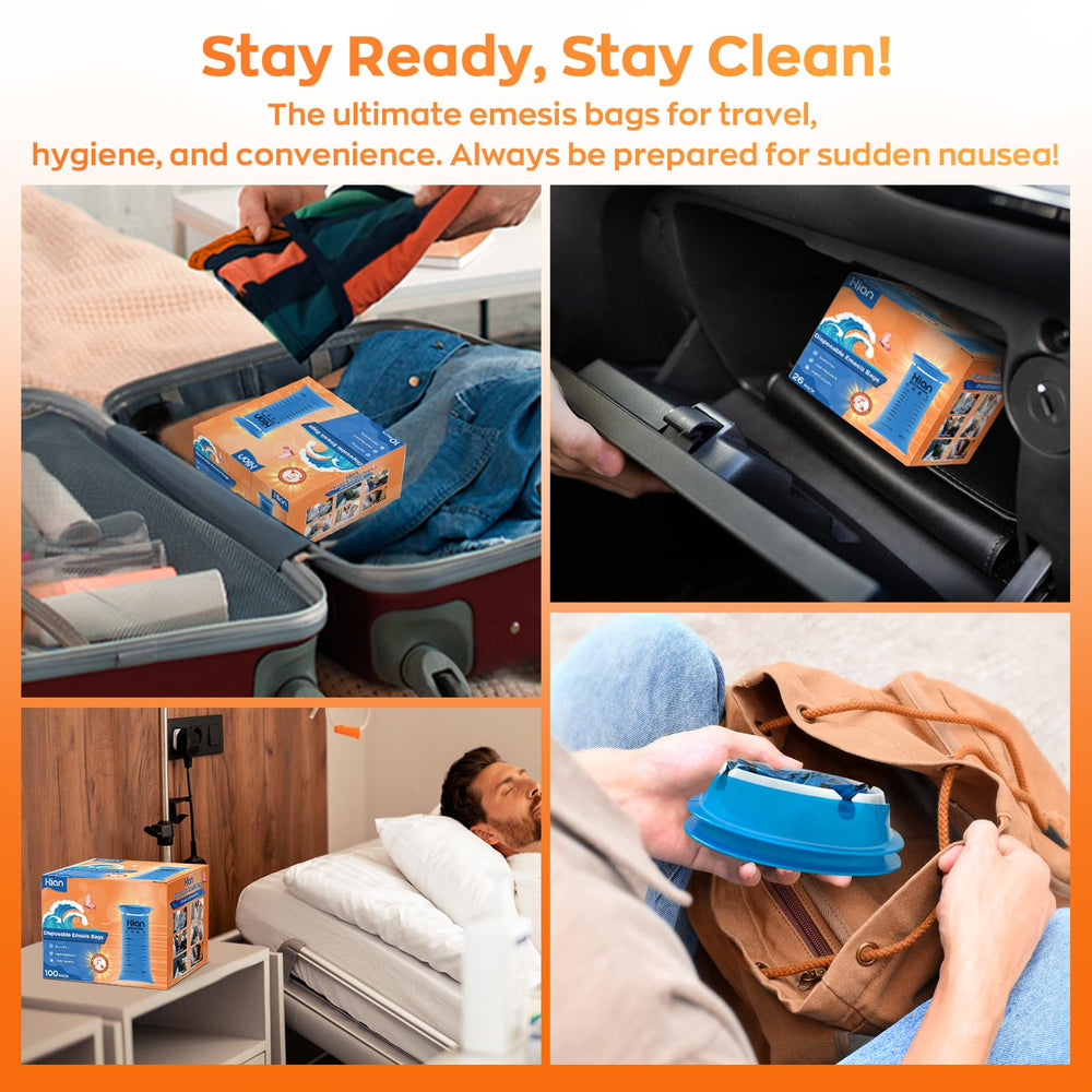 Hion emesis bags designed for cars and planes, ideal for motion sickness travel.