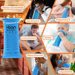 Hion medical-grade emesis bags built for reliable use at home, car, or plane.