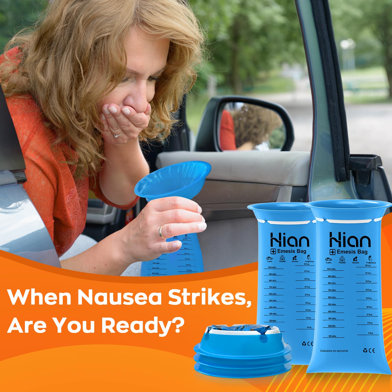Hion emesis bags with leak-proof ring closure to prevent spills on the go.