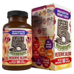 Hippie Farms 5 Mushrooms Reserve Blend bottle shown for daily immune support.