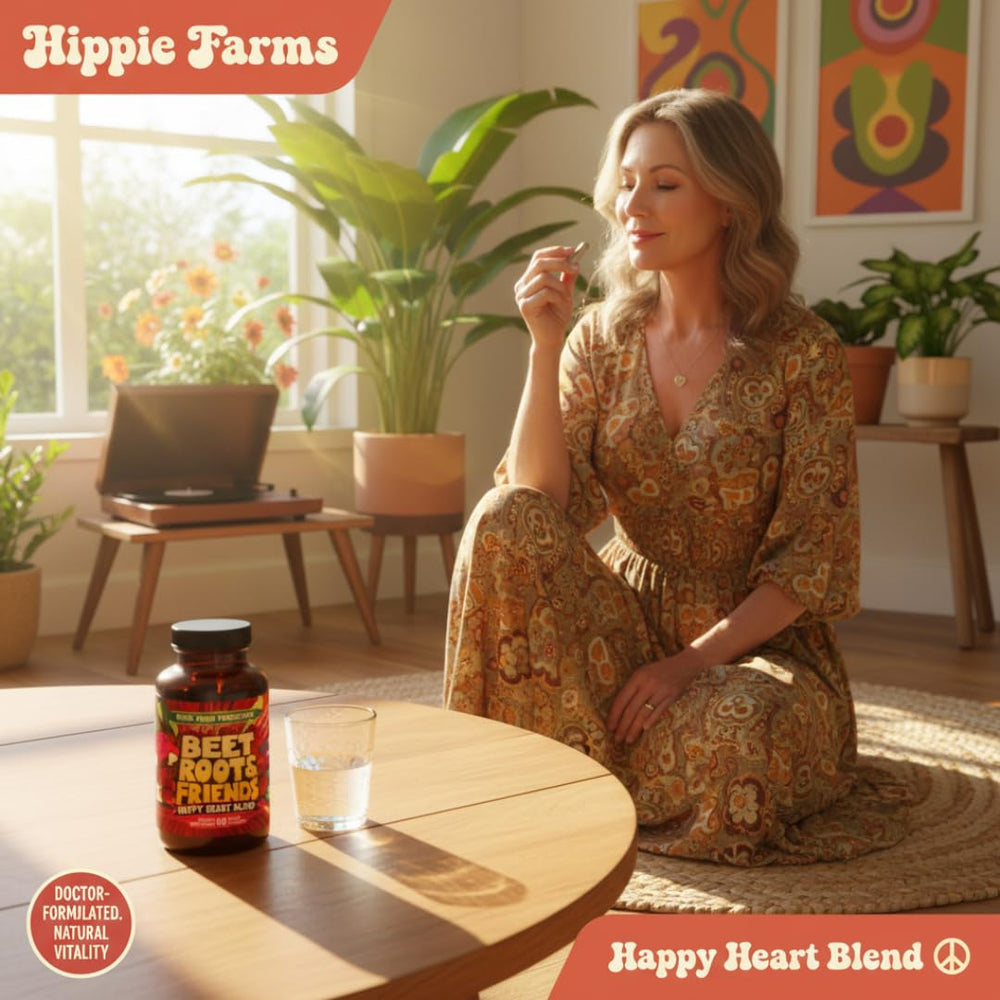 Hippie Farms Beet Root Capsules on a kitchen shelf for daily use.