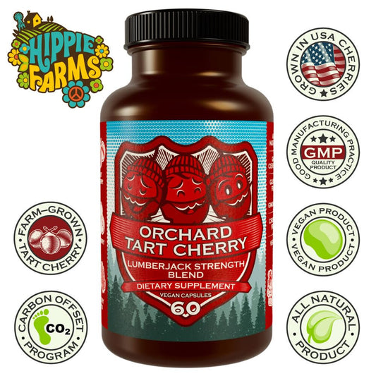 Hippie Farms bottle label Tart Cherry Powder Blend showing a sugar-free, potent daily option.
